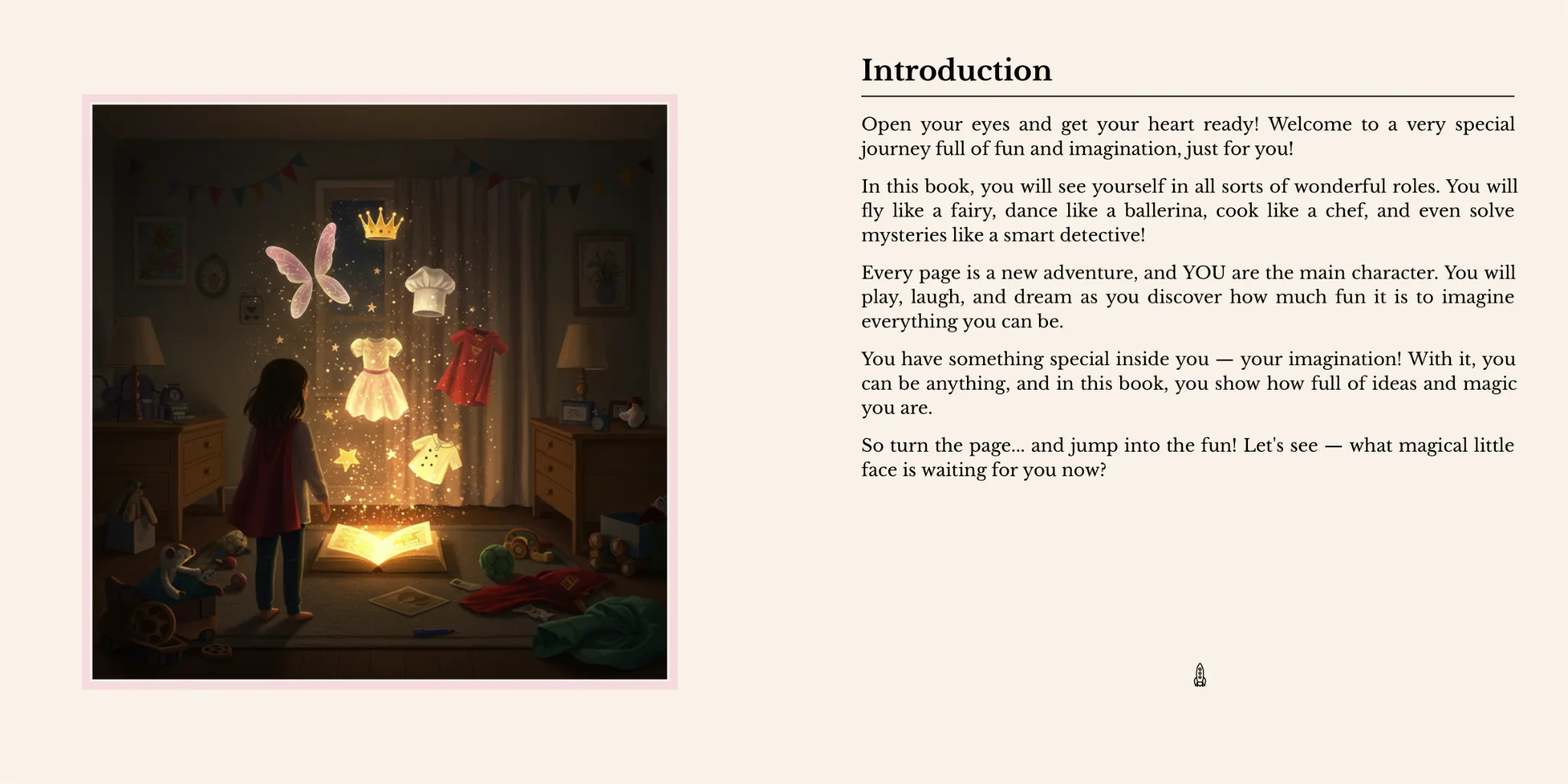 Interior page spread 1 showing Olivia discovering a magical book